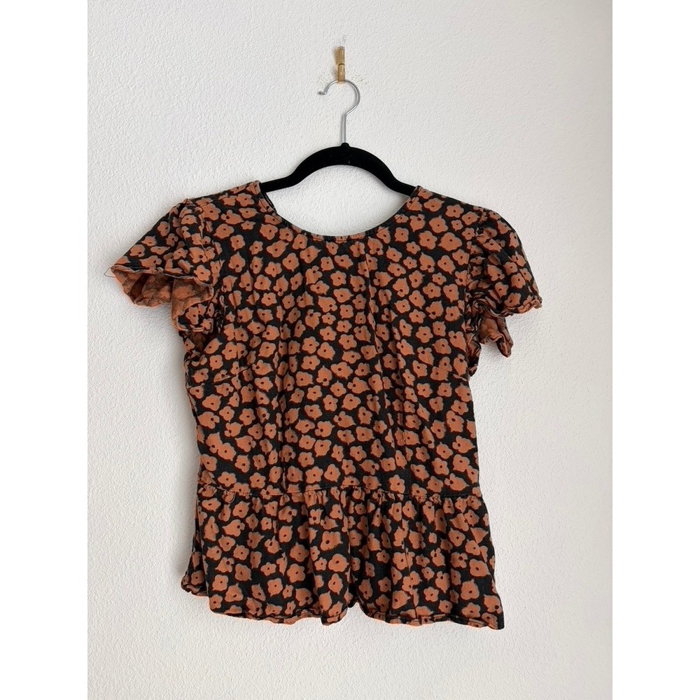 Who What Wear Floral Peplum Top Orange Black Short Sleeve Blouse Small